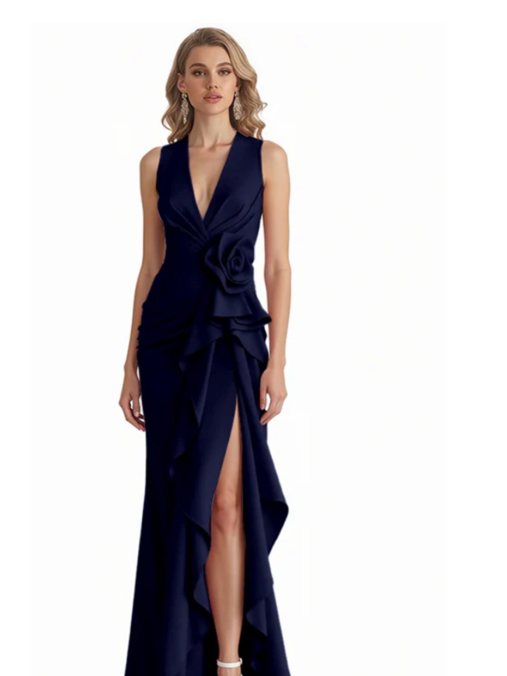 Elegant Navy V-Neck Ruffle Gown with Side Slit
